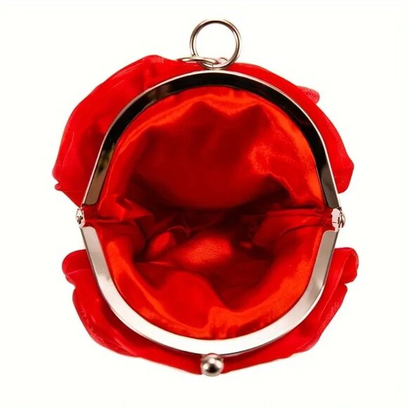 Prom / Wedding Red Rose Satin Clutch Elegant Floral Evening Bag w/ Handle - Picture 7 of 12